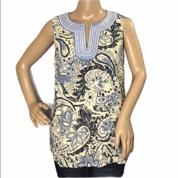 Carole Little Blue Paisley Sleeveless Top Linen L - Picture 1 of 10
